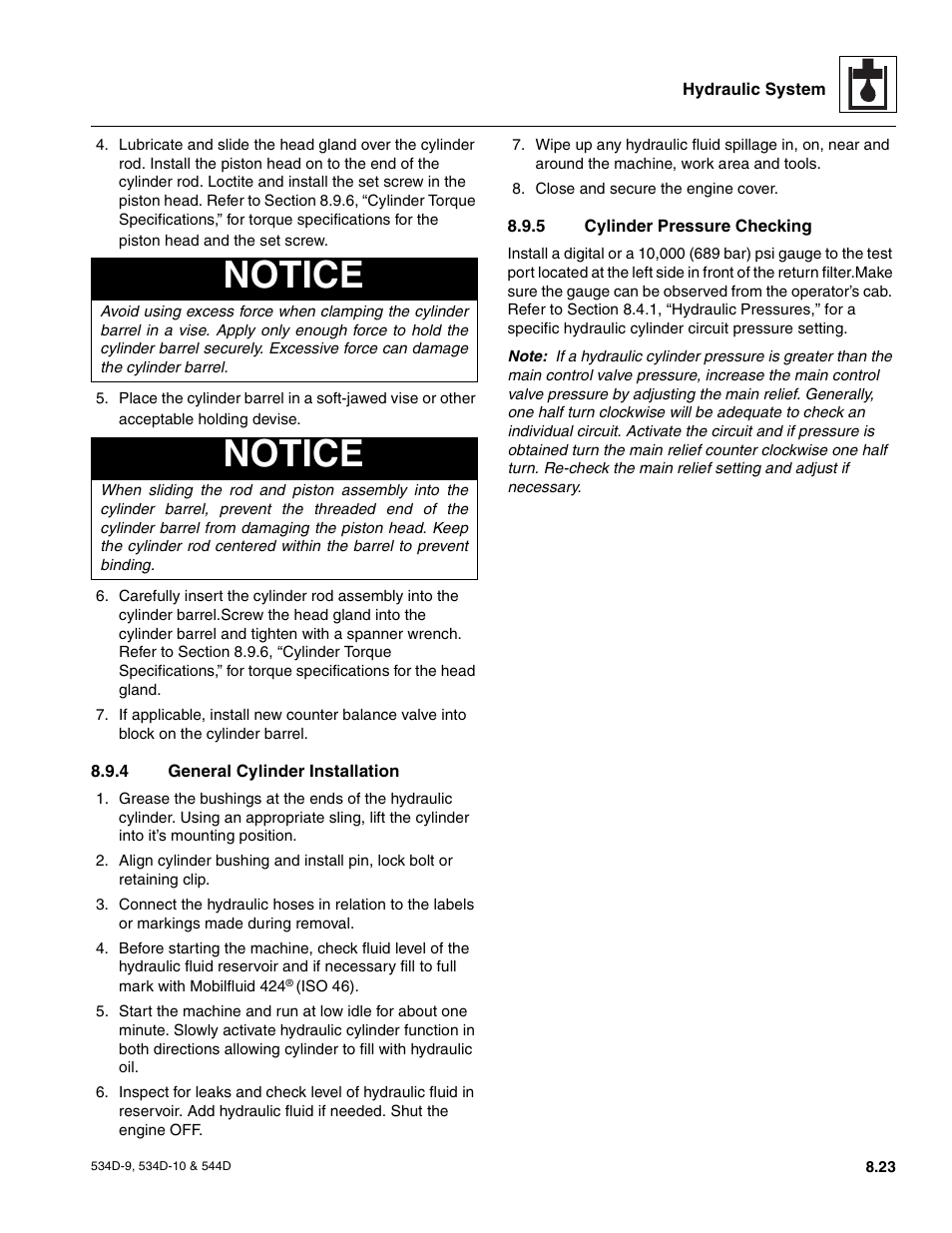 4 general cylinder installation, 5 cylinder pressure checking, Cylinder pressure checking | Notice | JLG 534D-10 User Manual | Page 147 / 174