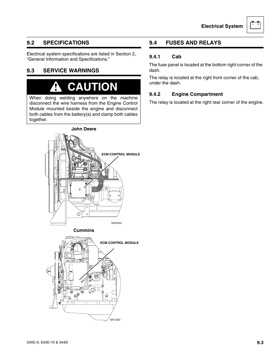 2 specifications, 3 service warnings, 4 fuses and relays | 1 cab, 2 engine compartment, Engine start circuit, Charging circuit, Windshield wiper motor (if equipped), Specifications, Service warnings | JLG 534D-10 User Manual | Page 151 / 174