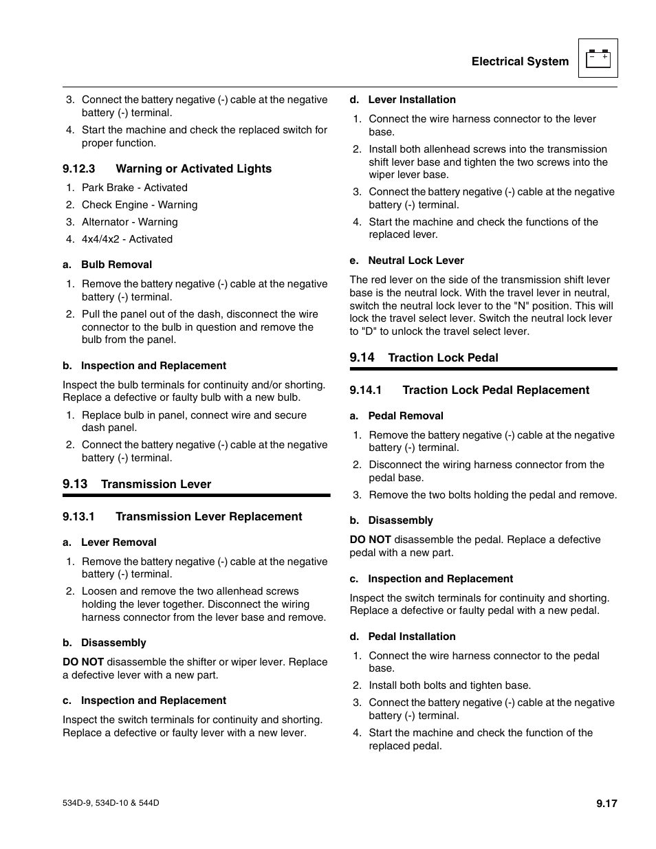 3 warning or activated lights, 13 transmission lever, 1 transmission lever replacement | 14 traction lock pedal, 1 traction lock pedal replacement, Warning or activated lights, Transmission lever, Traction lock pedal | JLG 534D-10 User Manual | Page 165 / 174