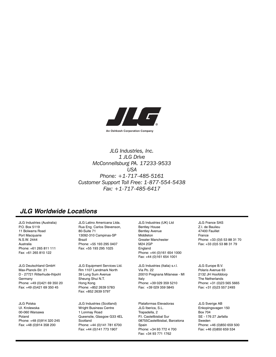 Jlg worldwide locations | JLG 534D-10 User Manual | Page 174 / 174