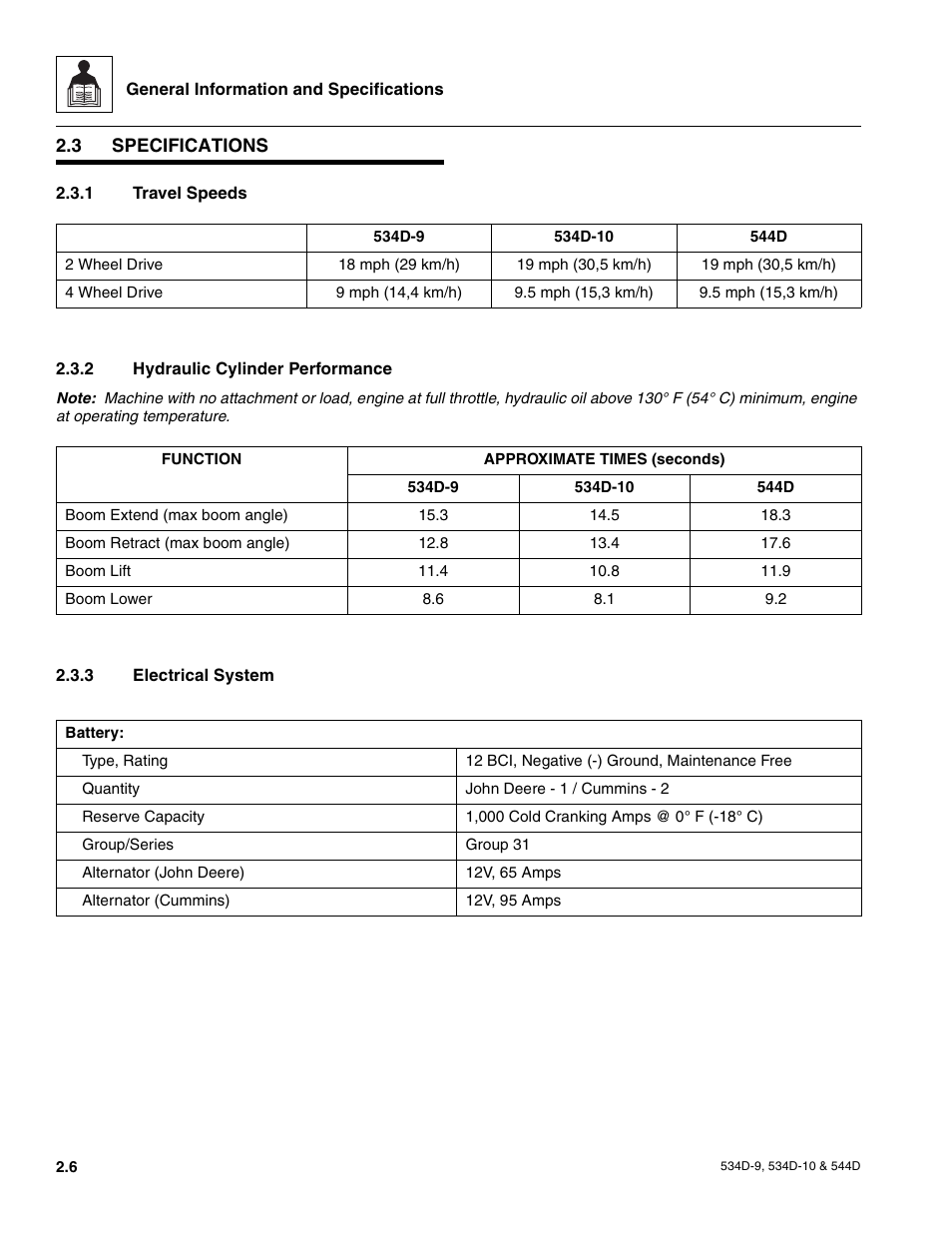 3 specifications, 1 travel speeds, 2 hydraulic cylinder performance | 3 electrical system, Specifications, Travel speeds, Hydraulic cylinder performance, Electrical system | JLG 534D-10 User Manual | Page 18 / 174