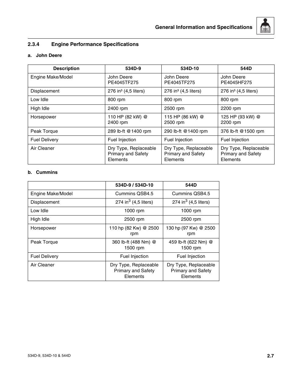 4 engine performance specifications, Engine performance specifications | JLG 534D-10 User Manual | Page 19 / 174