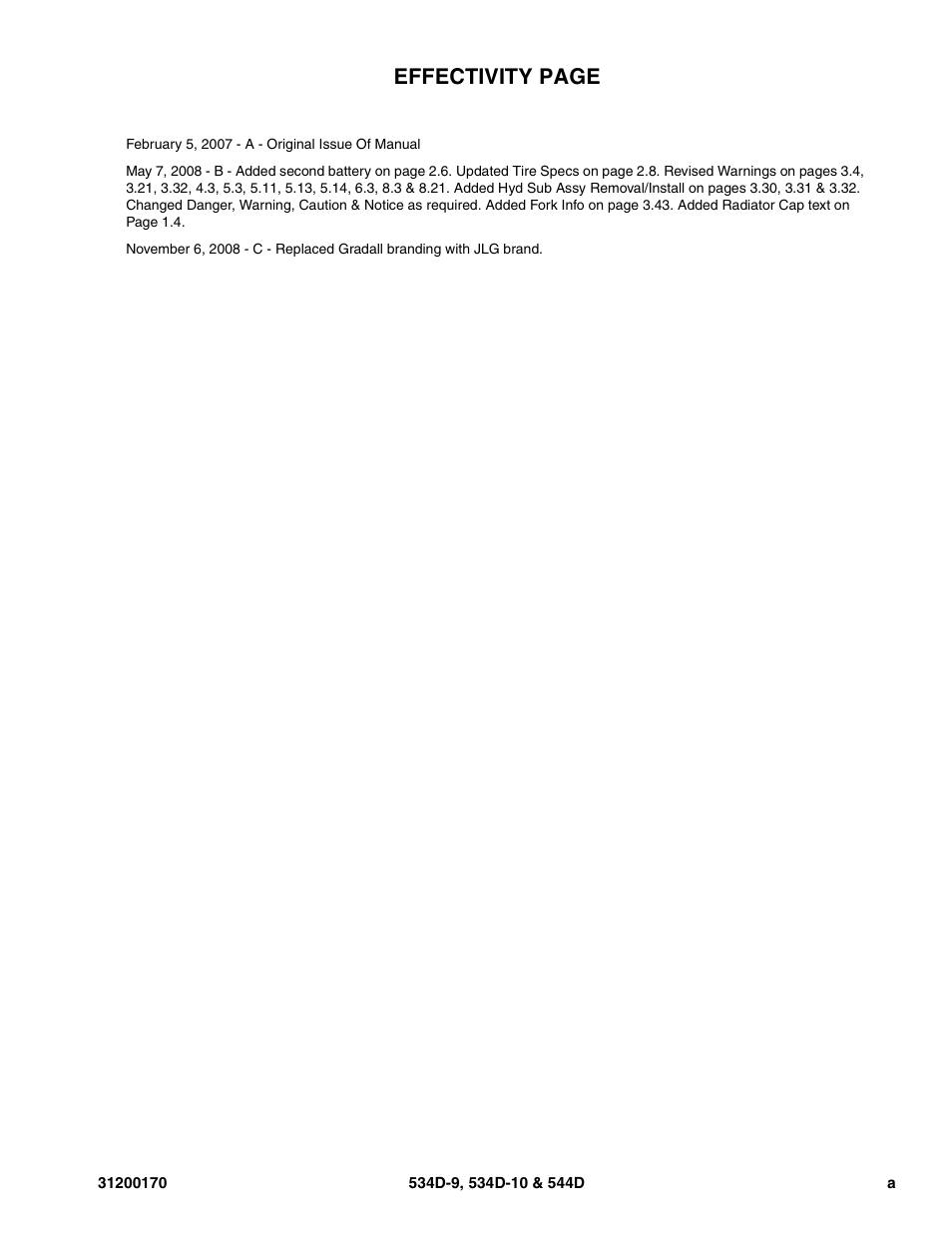 Effectivity page | JLG 534D-10 User Manual | Page 3 / 174