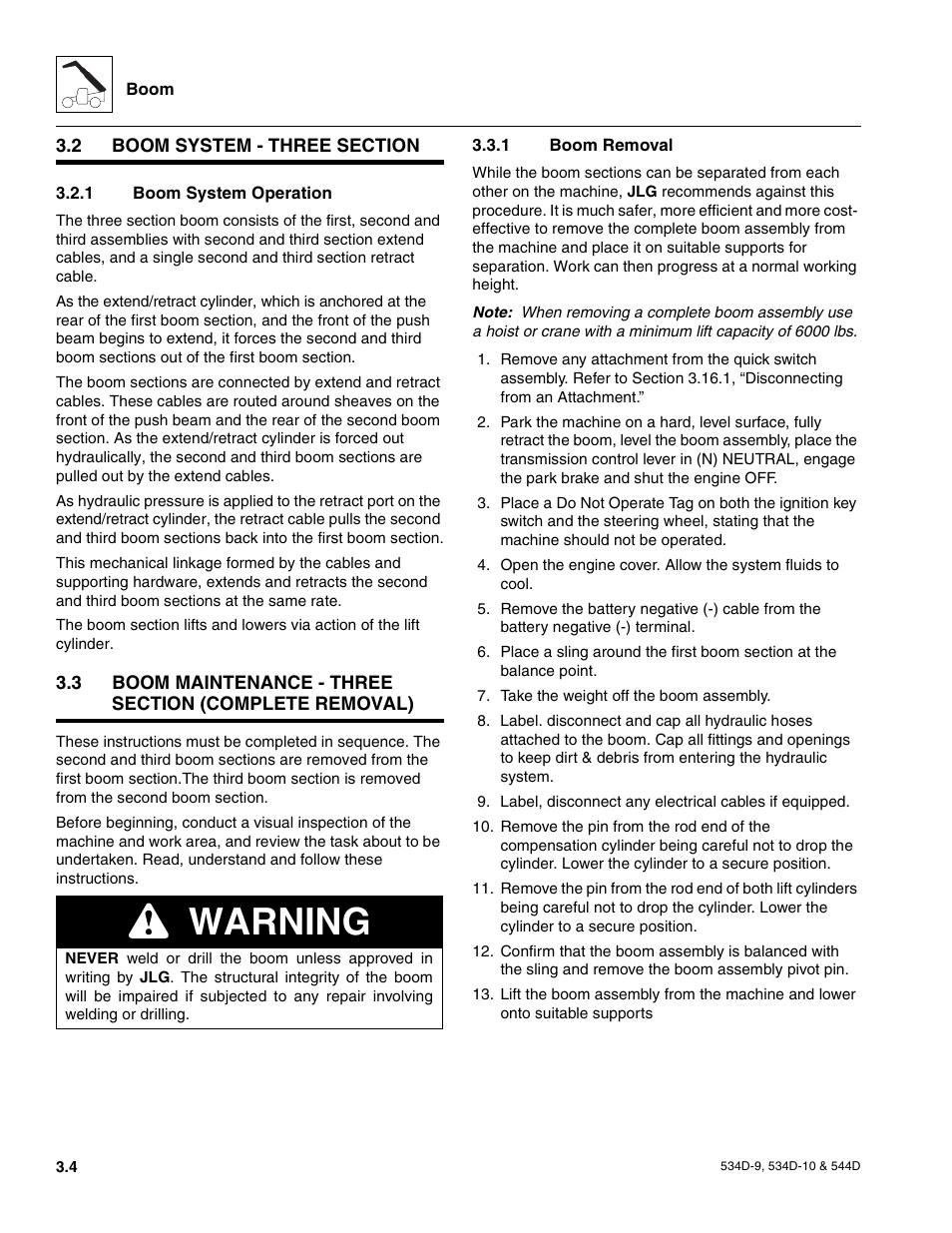 2 boom system - three section, 1 boom system operation, 1 boom removal | Boom system - three section, Boom system operation, Boom removal, Warning | JLG 534D-10 User Manual | Page 32 / 174