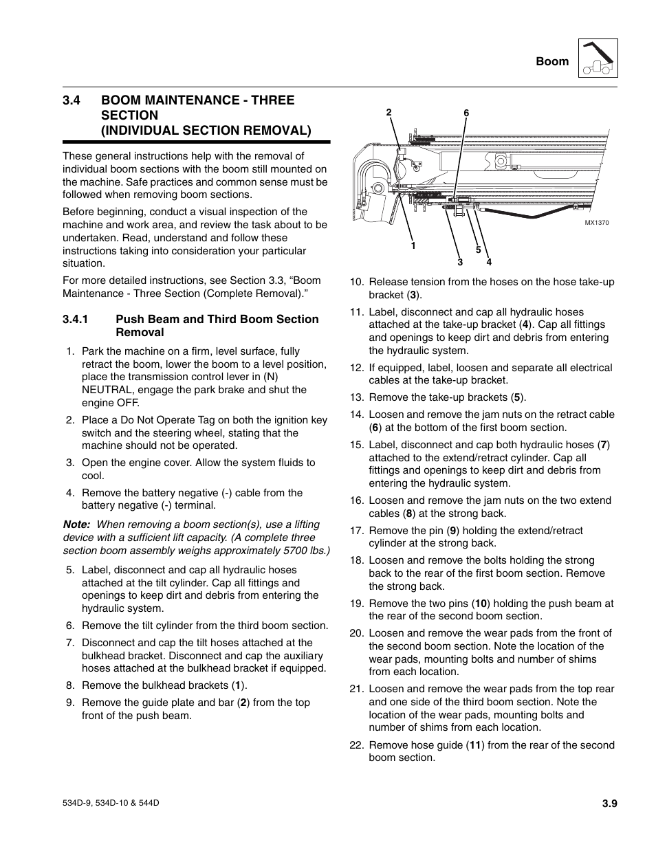 1 push beam and third boom section removal, Boom cables - three section, Push beam and third boom section removal | JLG 534D-10 User Manual | Page 37 / 174