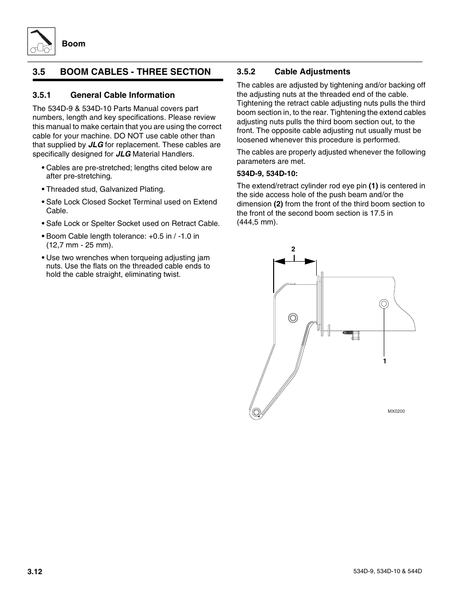5 boom cables - three section, 1 general cable information, 2 cable adjustments | Auxiliary electric cable - three section, Boom cables - three section, General cable information, Cable adjustments | JLG 534D-10 User Manual | Page 40 / 174