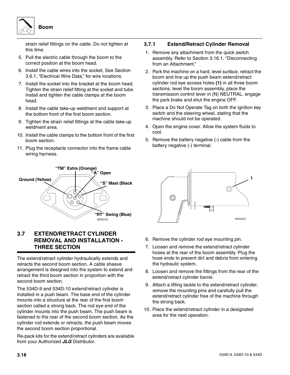 1 extend/retract cylinder removal, Boom system component terminology 544d, Extend/retract cylinder removal | JLG 534D-10 User Manual | Page 46 / 174