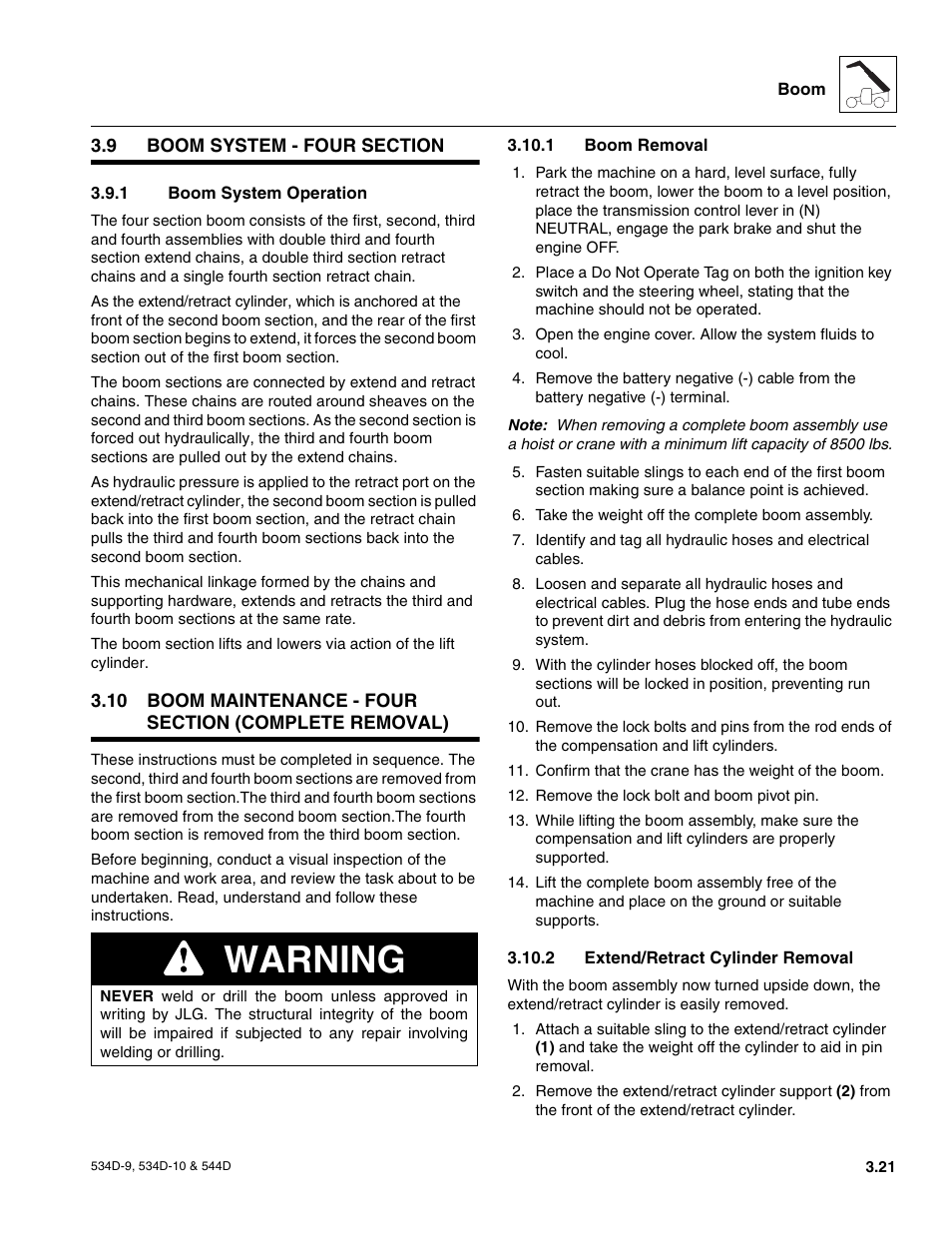 9 boom system - four section, 1 boom system operation, 1 boom removal | 2 extend/retract cylinder removal, Boom maintenance - four section (complete removal), Boom system - four section, Boom system operation, Boom removal, Extend/retract cylinder removal, Warning | JLG 534D-10 User Manual | Page 49 / 174