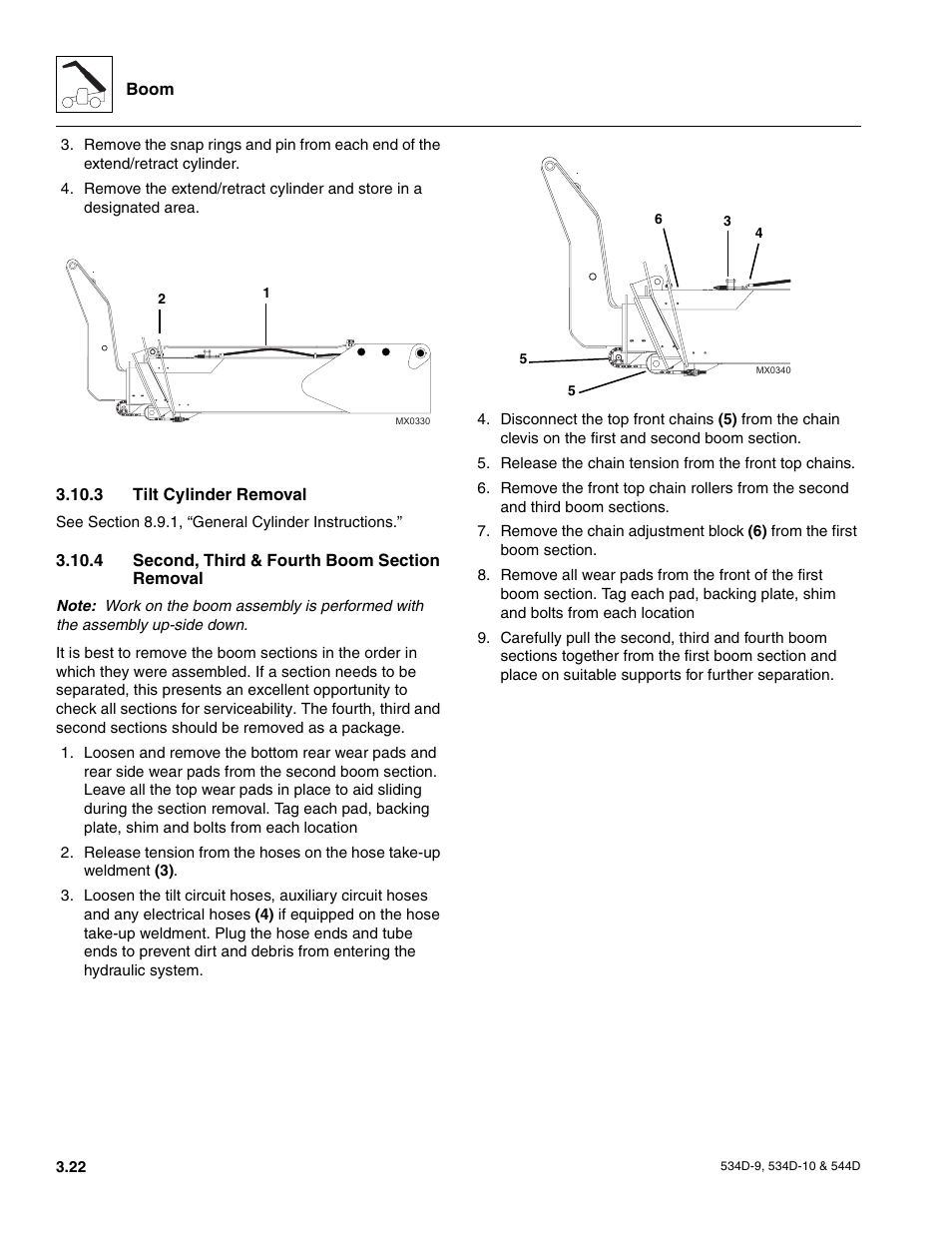 3 tilt cylinder removal, 4 second, third & fourth boom section removal, Tilt cylinder removal | Second, third & fourth boom section removal | JLG 534D-10 User Manual | Page 50 / 174