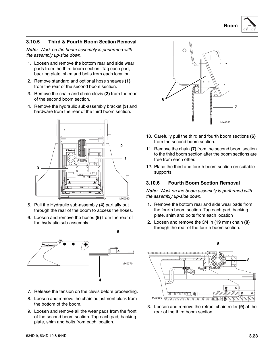 5 third & fourth boom section removal, 6 fourth boom section removal, Third & fourth boom section removal | Fourth boom section removal | JLG 534D-10 User Manual | Page 51 / 174