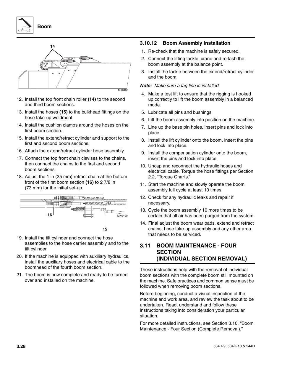 12 boom assembly installation, Boom extend and retract chains - four section, Boom section separation adjustment - four section | Boom assembly installation | JLG 534D-10 User Manual | Page 56 / 174