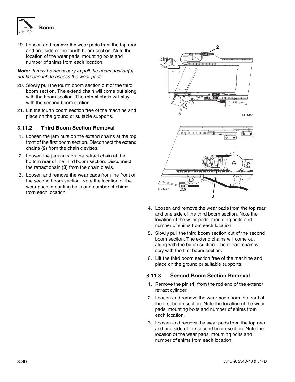 2 third boom section removal, 3 second boom section removal, Third boom section removal | Second boom section removal | JLG 534D-10 User Manual | Page 58 / 174