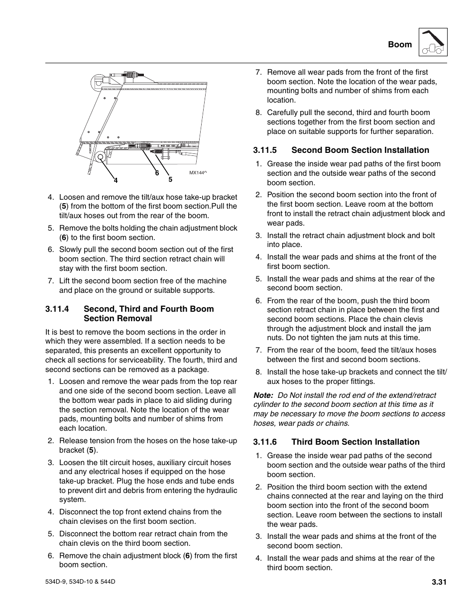 4 second, third and fourth boom section removal, 5 second boom section installation, 6 third boom section installation | Second, third and fourth boom section removal, Second boom section installation, Third boom section installation | JLG 534D-10 User Manual | Page 59 / 174