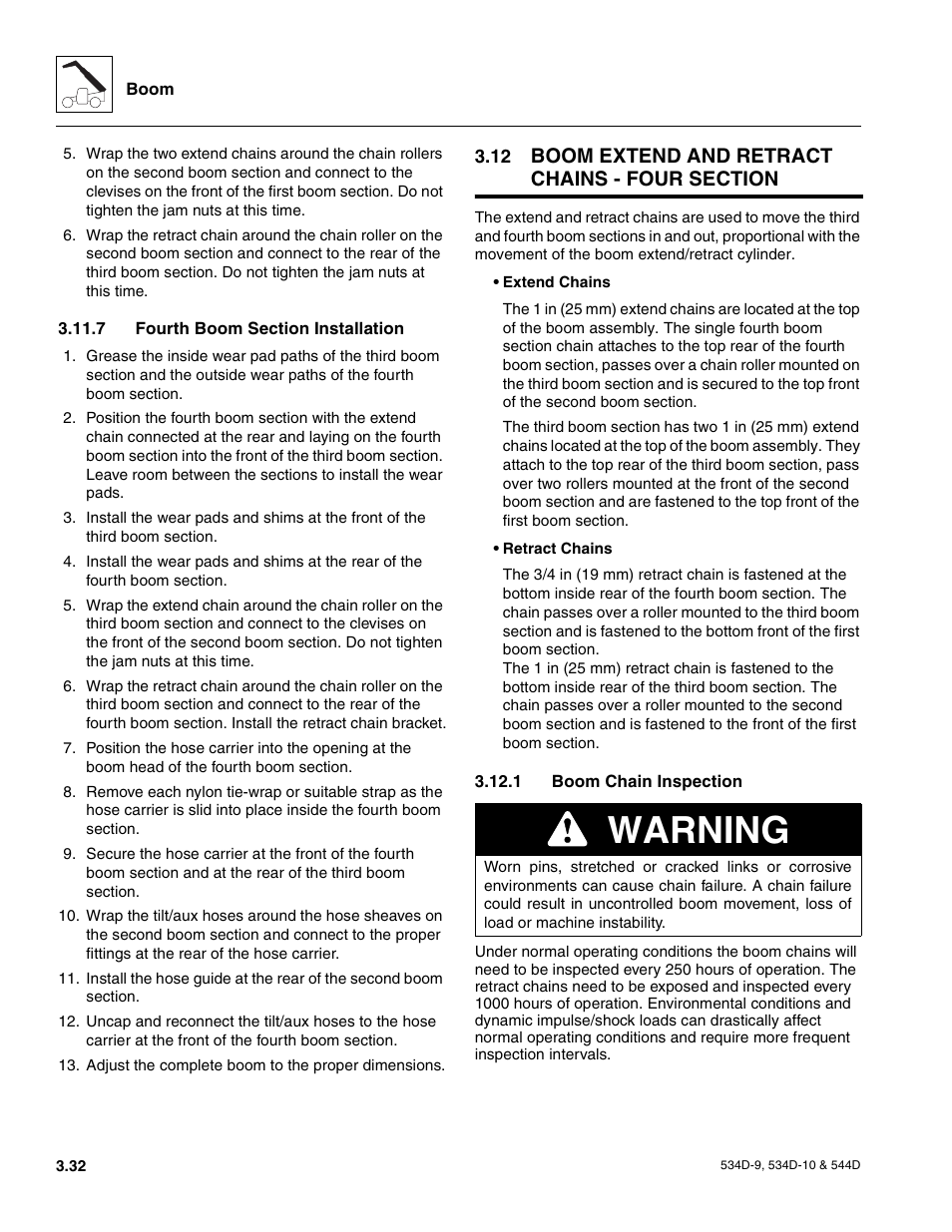 7 fourth boom section installation, 12 boom extend and retract chains - four section, 1 boom chain inspection | Fourth boom section installation, Boom extend and retract chains - four section, Boom chain inspection, Warning | JLG 534D-10 User Manual | Page 60 / 174