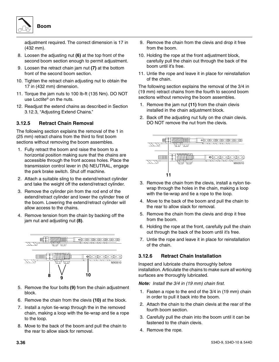 5 retract chain removal, 6 retract chain installation, Retract chain removal | Retract chain installation | JLG 534D-10 User Manual | Page 64 / 174