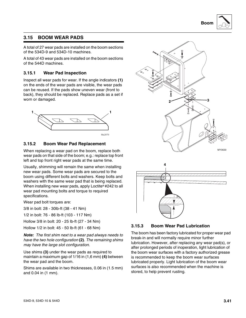 15 boom wear pads, 1 wear pad inspection, 2 boom wear pad replacement | 3 boom wear pad lubrication, Boom wear pads, Wear pad inspection, Boom wear pad replacement, Boom wear pad lubrication | JLG 534D-10 User Manual | Page 69 / 174