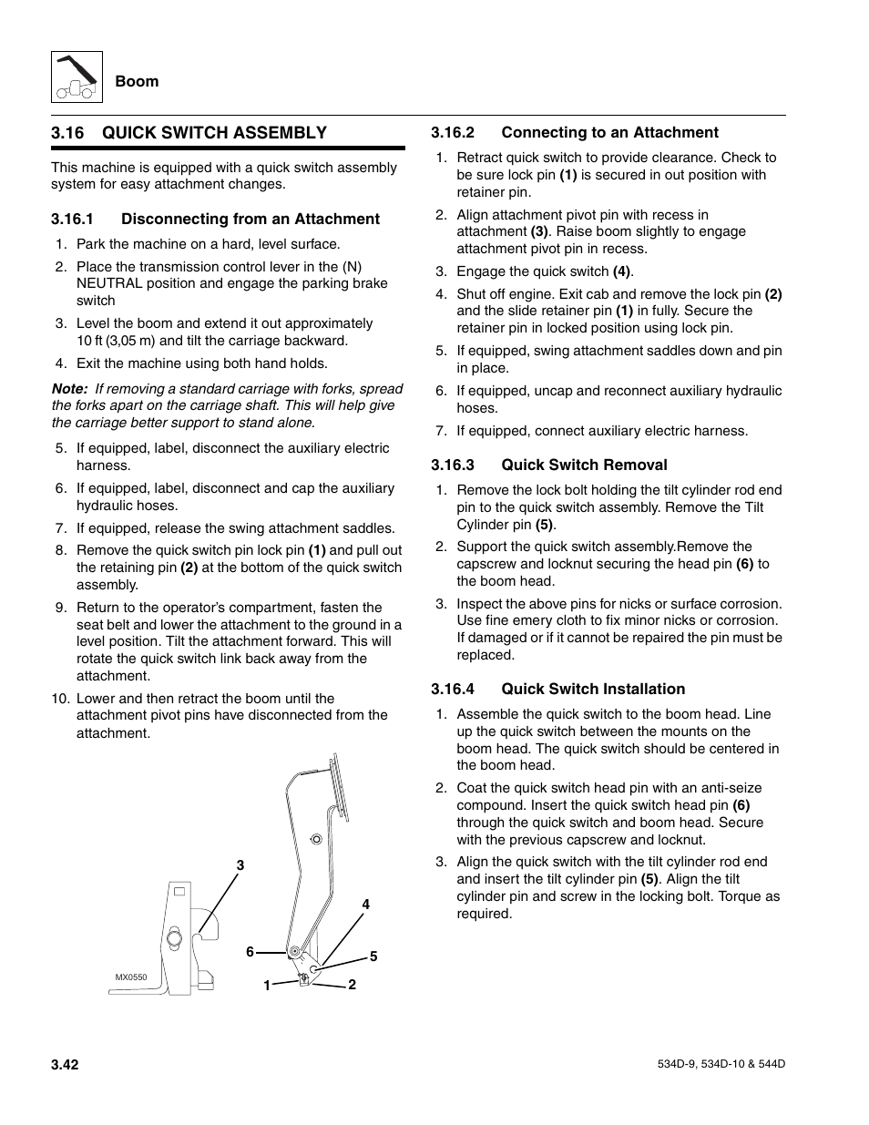 16 quick switch assembly, 1 disconnecting from an attachment, 2 connecting to an attachment | 3 quick switch removal, 4 quick switch installation, Quick switch assembly, Disconnecting from an attachment, Connecting to an attachment, Quick switch removal, Quick switch installation | JLG 534D-10 User Manual | Page 70 / 174