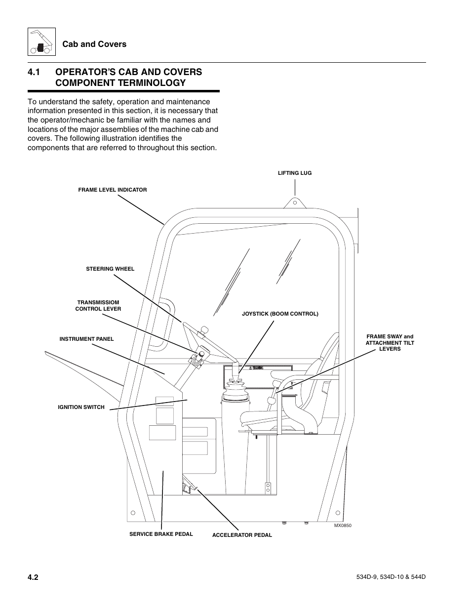 1 operator’s cab and covers component terminology, Operator’s cab and covers component terminology, Cab and covers | JLG 534D-10 User Manual | Page 76 / 174