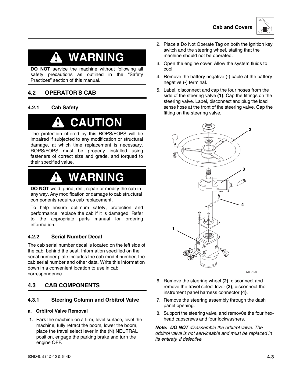 2 operator’s cab, 1 cab safety, 2 serial number decal | 3 cab components, 1 steering column and orbitrol valve, Operator’s cab, Cab safety, Serial number decal, Cab components, Steering column and orbitrol valve | JLG 534D-10 User Manual | Page 77 / 174