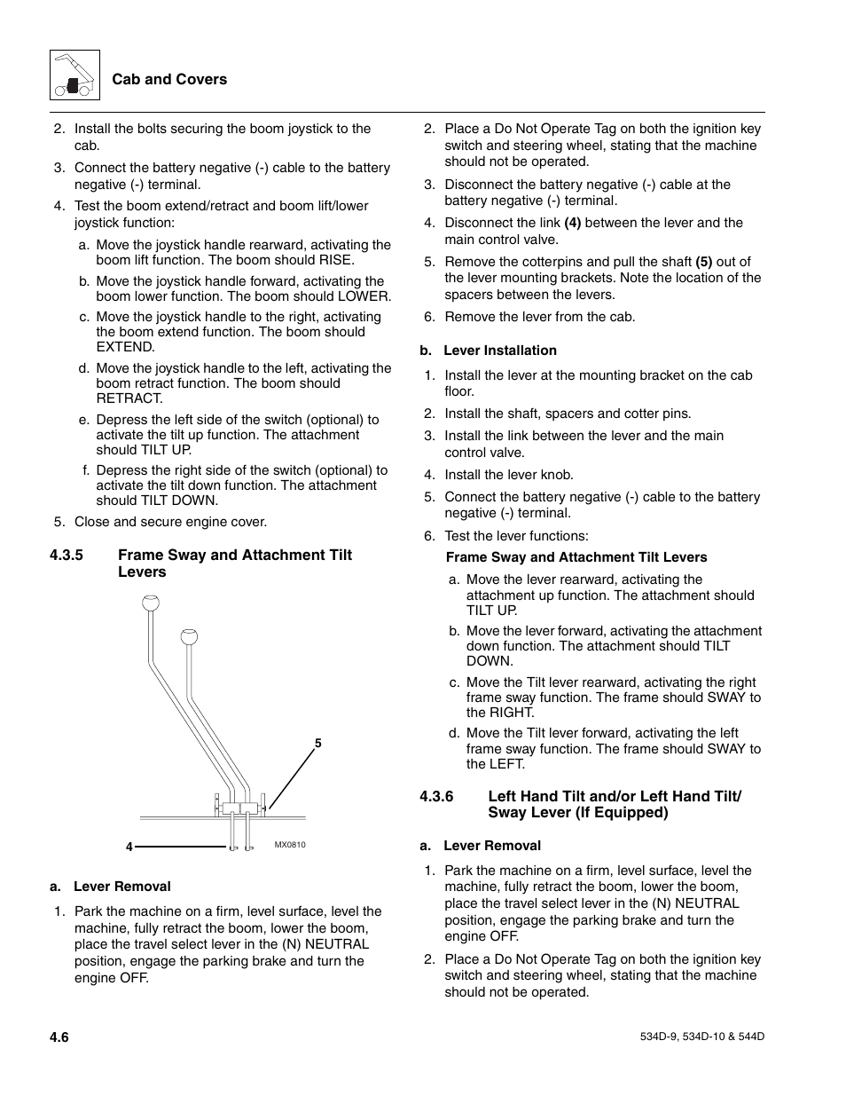 5 frame sway and attachment tilt levers, Frame sway and attachment tilt levers | JLG 534D-10 User Manual | Page 80 / 174