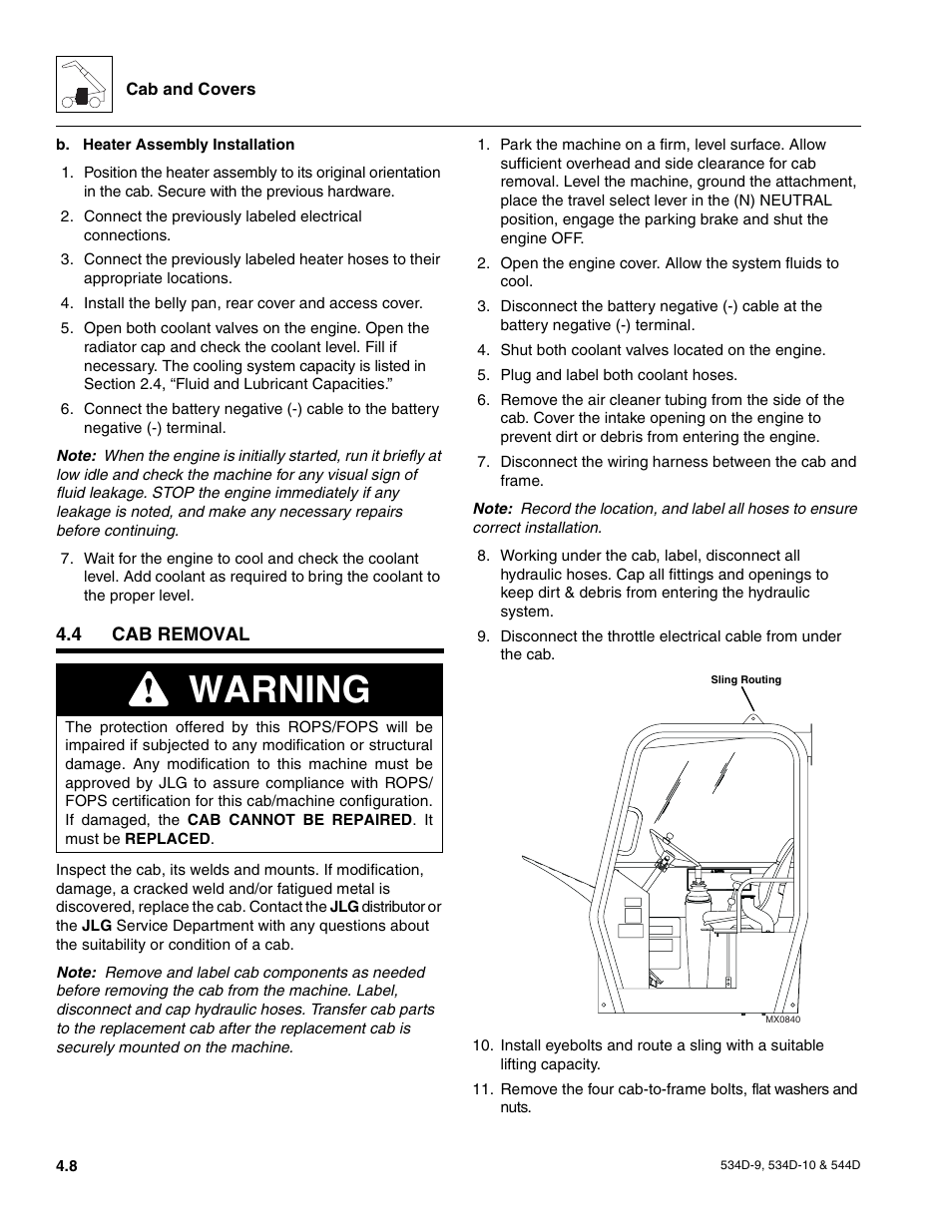 4 cab removal, Section 5, Cab removal | Warning | JLG 534D-10 User Manual | Page 82 / 174