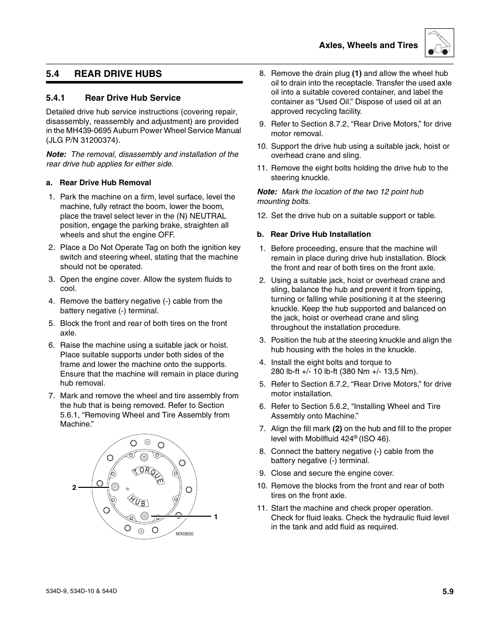 4 rear drive hubs, 1 rear drive hub service, Wheels and tires | Rear drive hubs, Rear drive hub service | JLG 534D-10 User Manual | Page 93 / 174