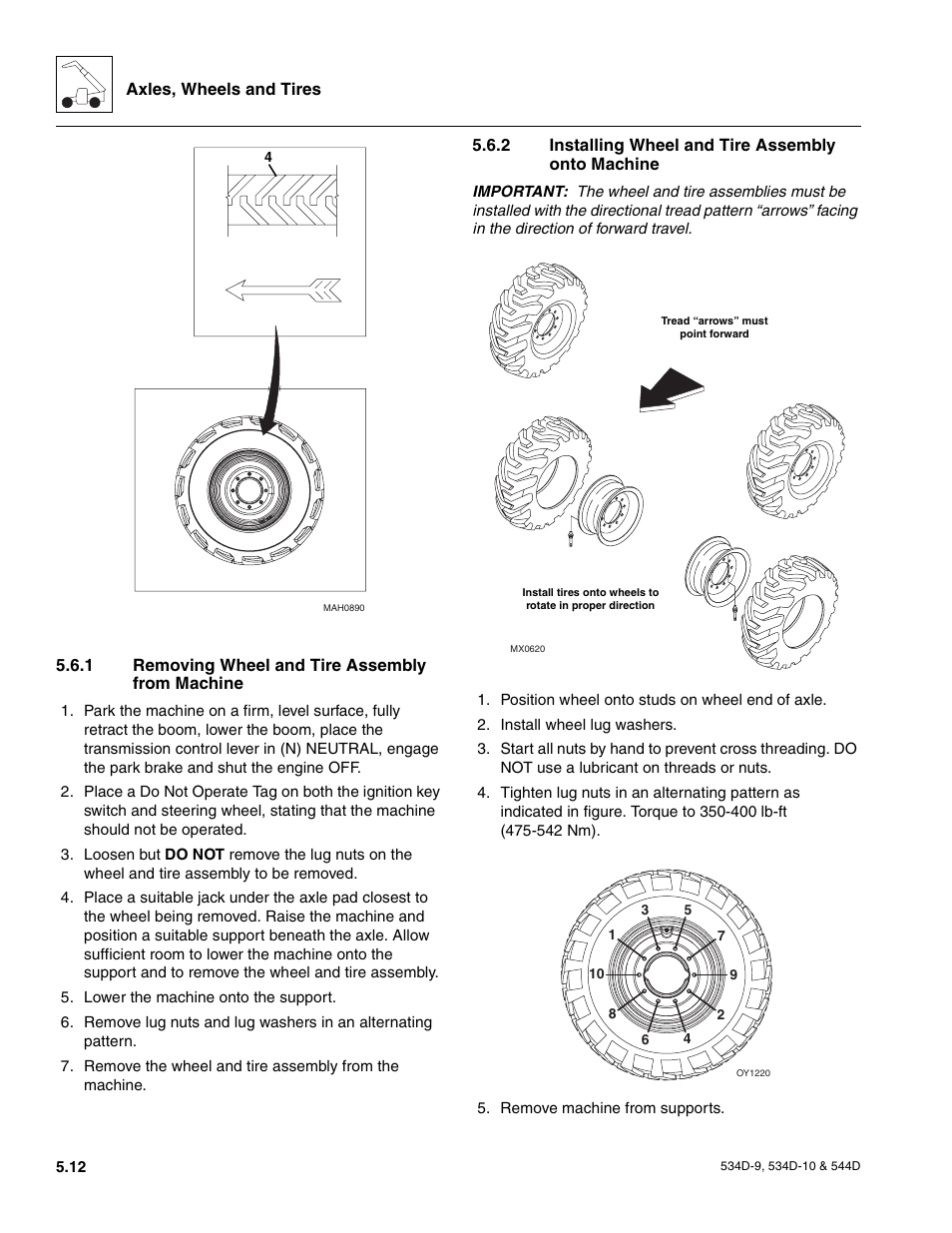 1 removing wheel and tire assembly from machine, 2 installing wheel and tire assembly onto machine, Removing wheel and tire assembly from machine | Installing wheel and tire assembly onto machine, To section 5.6.2, “installing wheel and tire, Assembly onto machine | JLG 534D-10 User Manual | Page 96 / 174