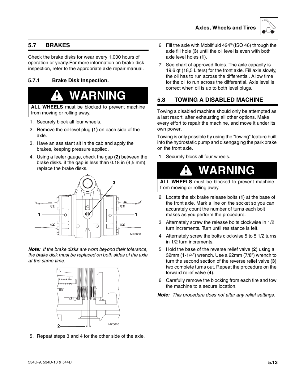 7 brakes, 1 brake disk inspection, 8 towing a disabled machine | Section 6 hydrostatic drive pump, Brakes, Brake disk inspection, Towing a disabled machine, Warning | JLG 534D-10 User Manual | Page 97 / 174