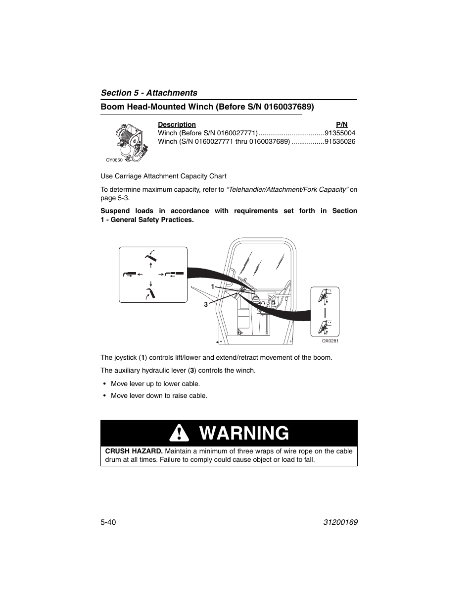 Boom head-mounted winch (before s/n 0160037689), Warning | JLG 534D-9 Operator Manual User Manual | Page 102 / 142