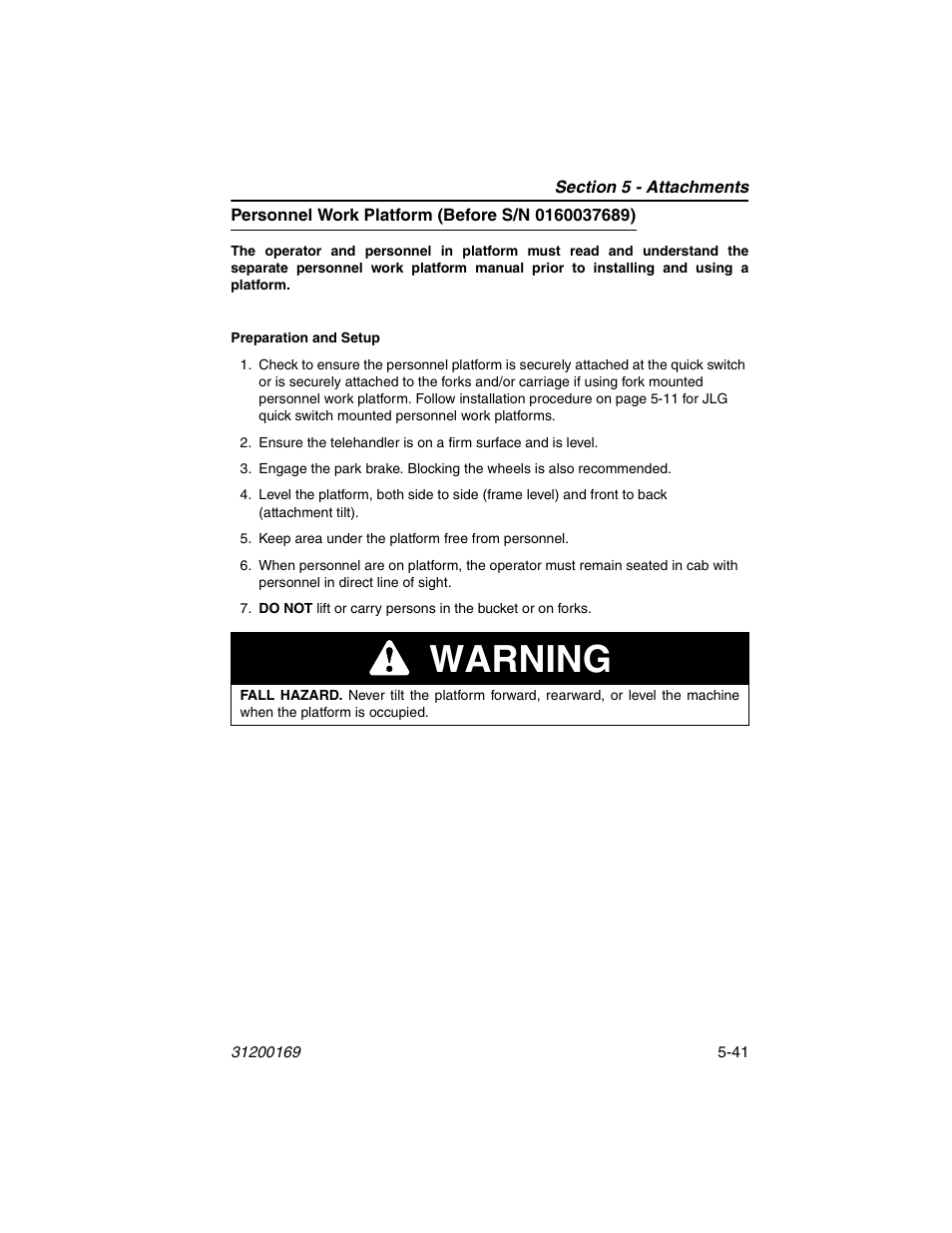Personnel work platform (before s/n 0160037689), Warning | JLG 534D-9 Operator Manual User Manual | Page 103 / 142