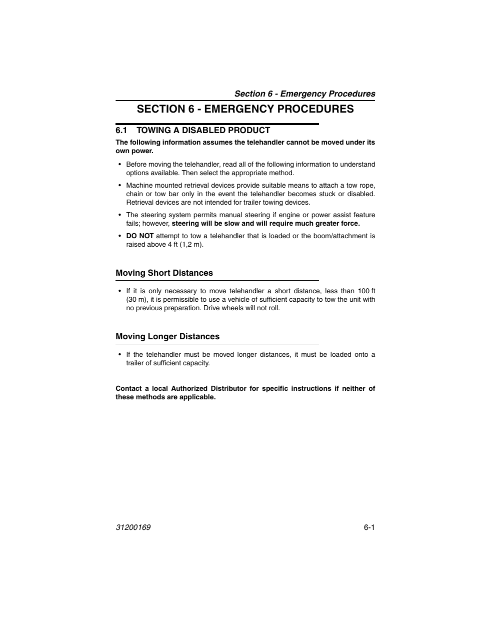 Section 6 - emergency procedures, 1 towing a disabled product, Moving short distances | Moving longer distances, 1 towing a disabled product -1 | JLG 534D-9 Operator Manual User Manual | Page 107 / 142