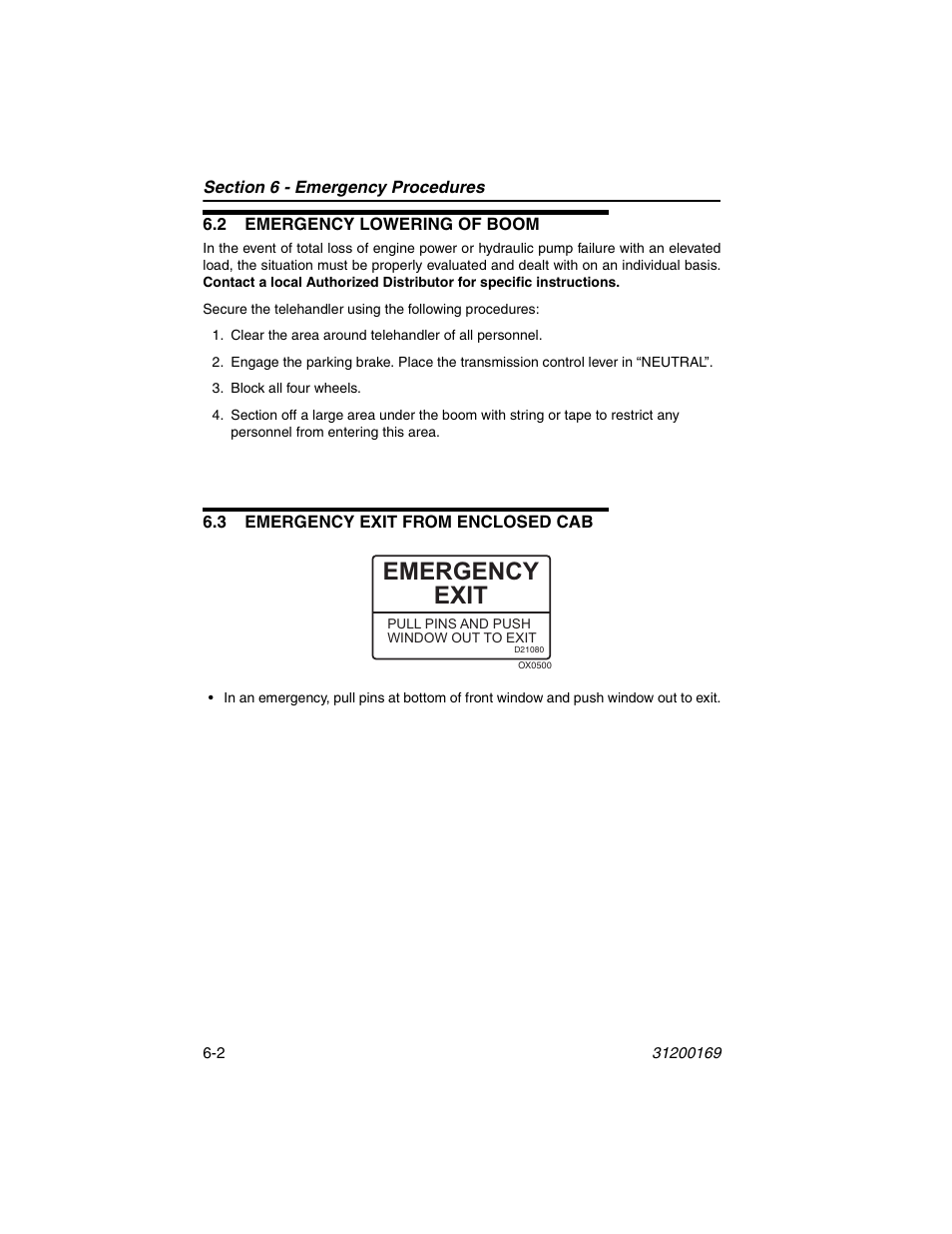 2 emergency lowering of boom, 3 emergency exit from enclosed cab, Emergency exit | JLG 534D-9 Operator Manual User Manual | Page 108 / 142