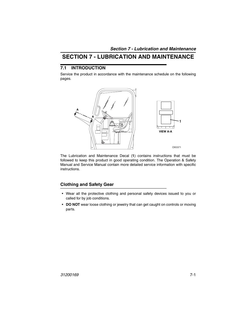 Section 7 - lubrication and maintenance, 1 introduction, Clothing and safety gear | 1 introduction -1, Clothing and safety gear -1, Section 7 - lubrication and maintenance a | JLG 534D-9 Operator Manual User Manual | Page 109 / 142