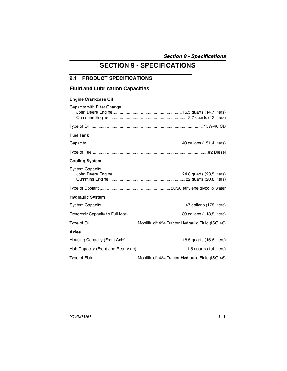 Section 9 - specifications, 1 product specifications, Fluid and lubrication capacities | 1 product specifications -1, Fluid and lubrication capacities -1 | JLG 534D-9 Operator Manual User Manual | Page 131 / 142