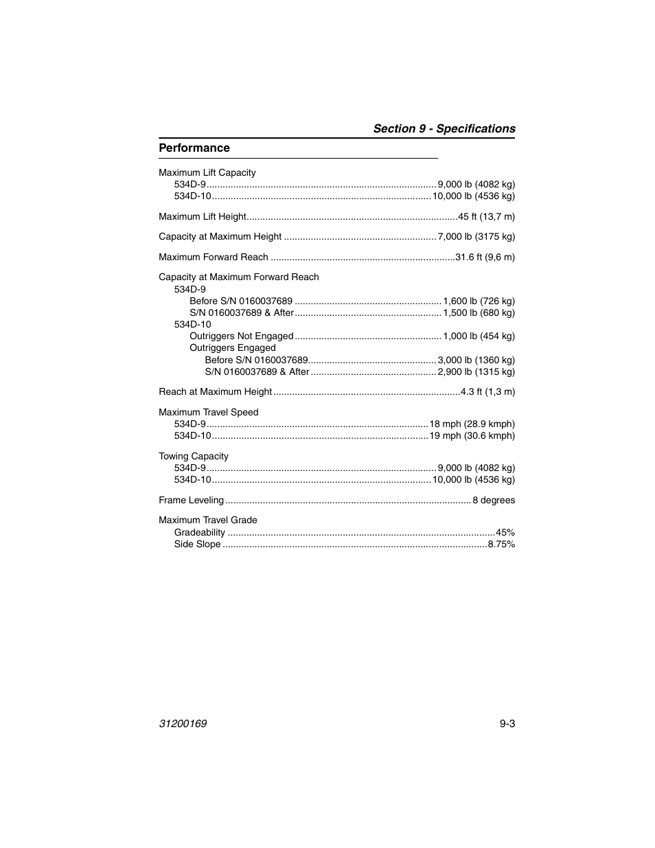 Performance, Performance -3 | JLG 534D-9 Operator Manual User Manual | Page 133 / 142