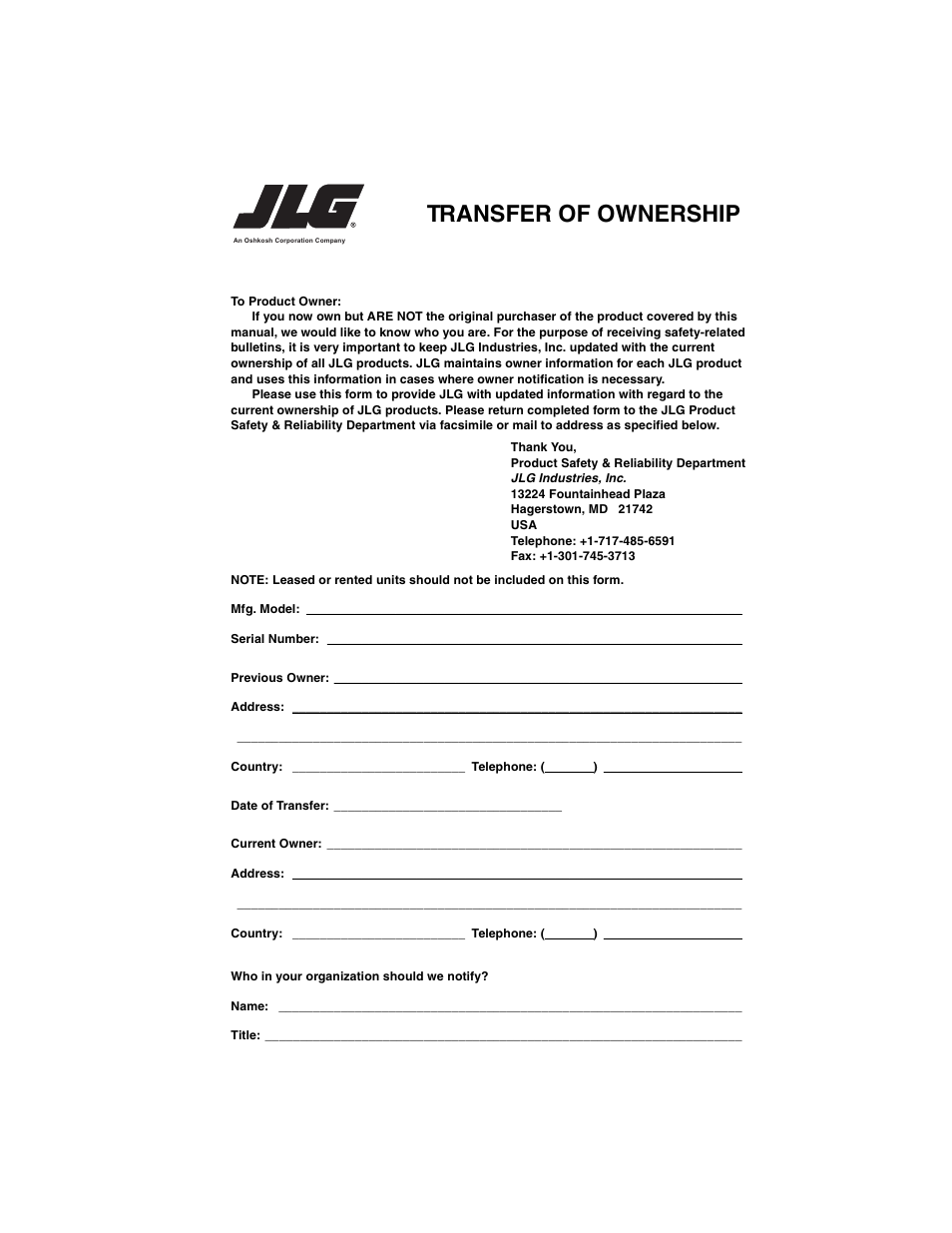 Transfer of ownership | JLG 534D-9 Operator Manual User Manual | Page 139 / 142