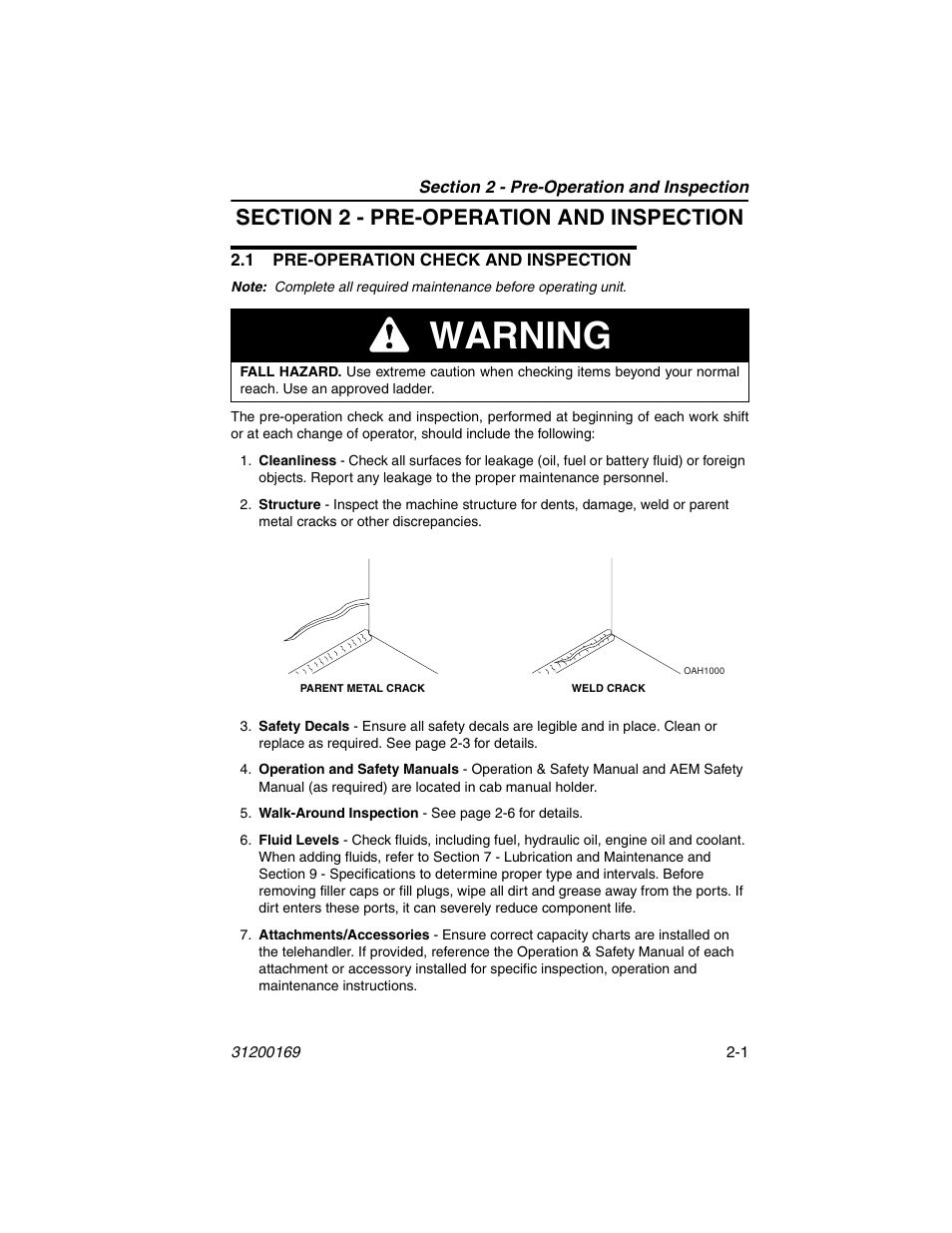 Section 2 - pre-operation and inspection, 1 pre-operation check and inspection, 1 pre-operation check and inspection -1 | Warning | JLG 534D-9 Operator Manual User Manual | Page 25 / 142
