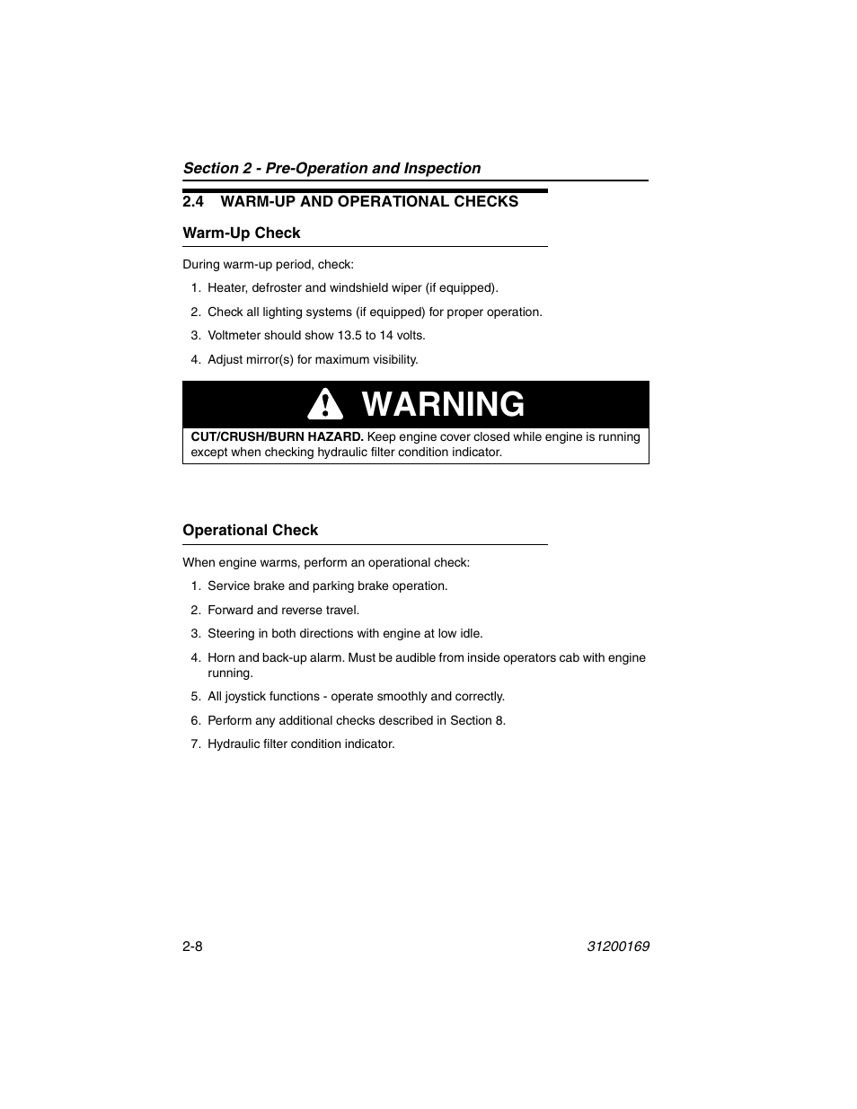 4 warm-up and operational checks, Warm-up check, Operational check | 4 warm-up and operational checks -8, Warm-up check -8 operational check -8, Warning | JLG 534D-9 Operator Manual User Manual | Page 32 / 142