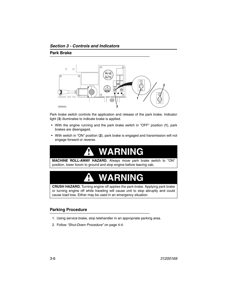 Park brake, Parking procedure, Park brake -6 parking procedure -6 | Warning | JLG 534D-9 Operator Manual User Manual | Page 40 / 142