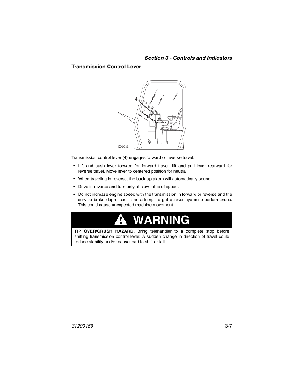 Transmission control lever, Transmission control lever -7, Warning | JLG 534D-9 Operator Manual User Manual | Page 41 / 142