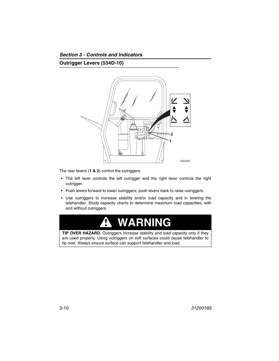 Outrigger levers (534d-10), Outrigger levers (534d-10) -10, Warning | JLG 534D-9 Operator Manual User Manual | Page 44 / 142