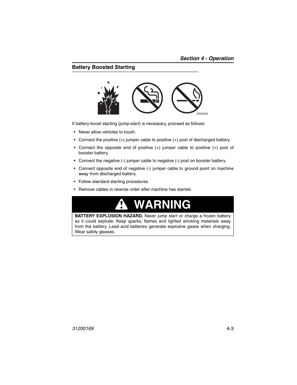 Battery boosted starting, Battery boosted starting -3, Warning | JLG 534D-9 Operator Manual User Manual | Page 53 / 142