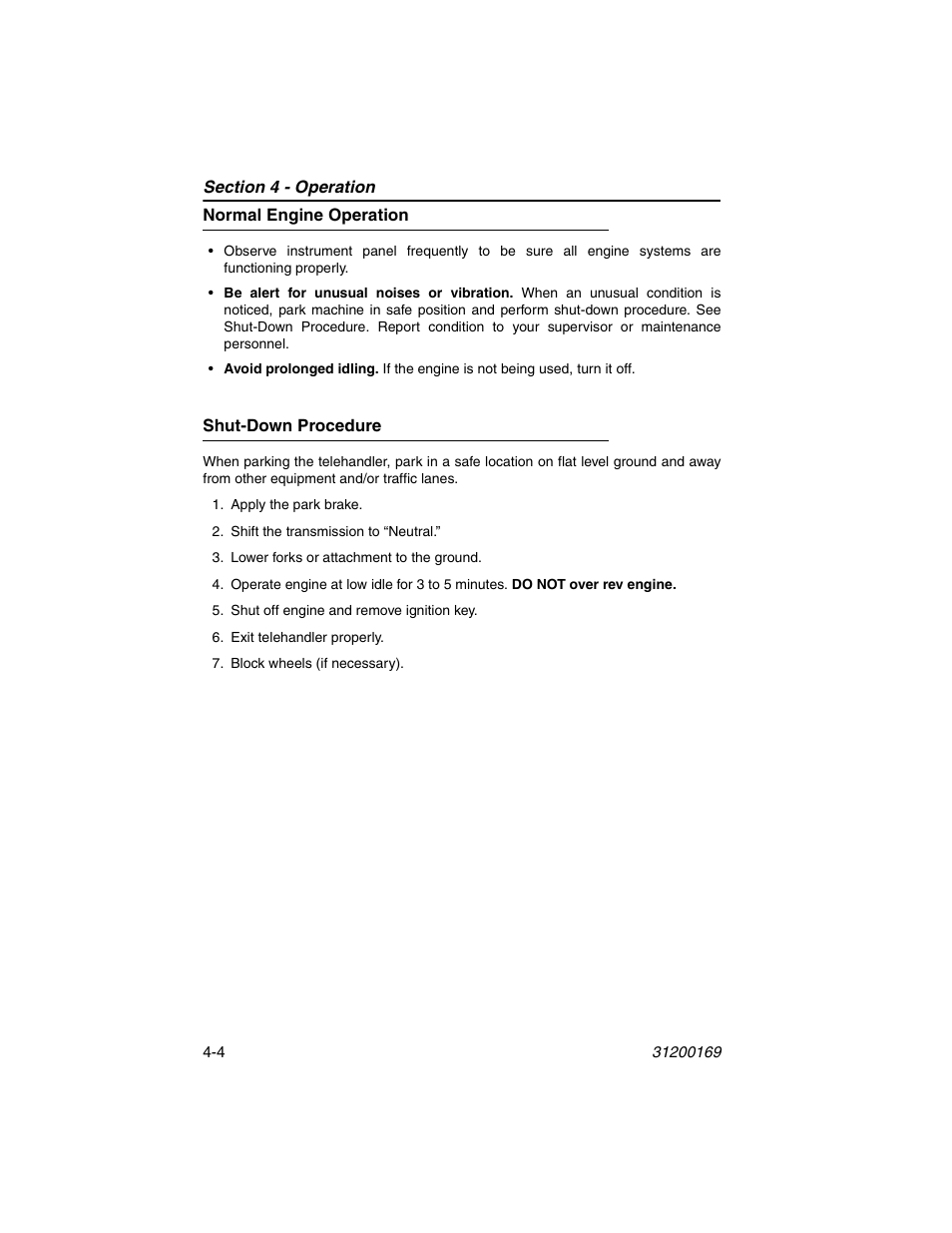Normal engine operation, Shut-down procedure, Normal engine operation -4 shut-down procedure -4 | JLG 534D-9 Operator Manual User Manual | Page 54 / 142
