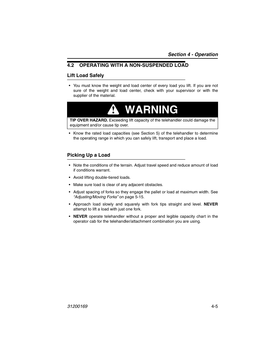 2 operating with a non-suspended load, Lift load safely, Picking up a load | 2 operating with a non-suspended load -5, Lift load safely -5 picking up a load -5, Warning | JLG 534D-9 Operator Manual User Manual | Page 55 / 142