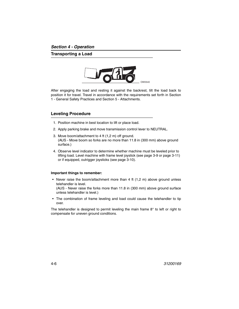 Transporting a load, Leveling procedure, Transporting a load -6 leveling procedure -6 | JLG 534D-9 Operator Manual User Manual | Page 56 / 142