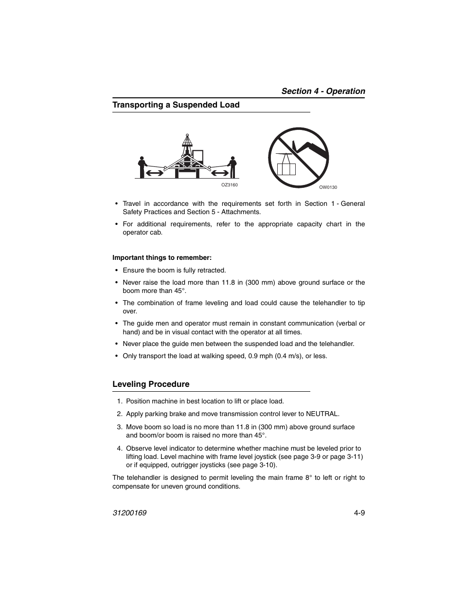 Transporting a suspended load, Leveling procedure | JLG 534D-9 Operator Manual User Manual | Page 59 / 142