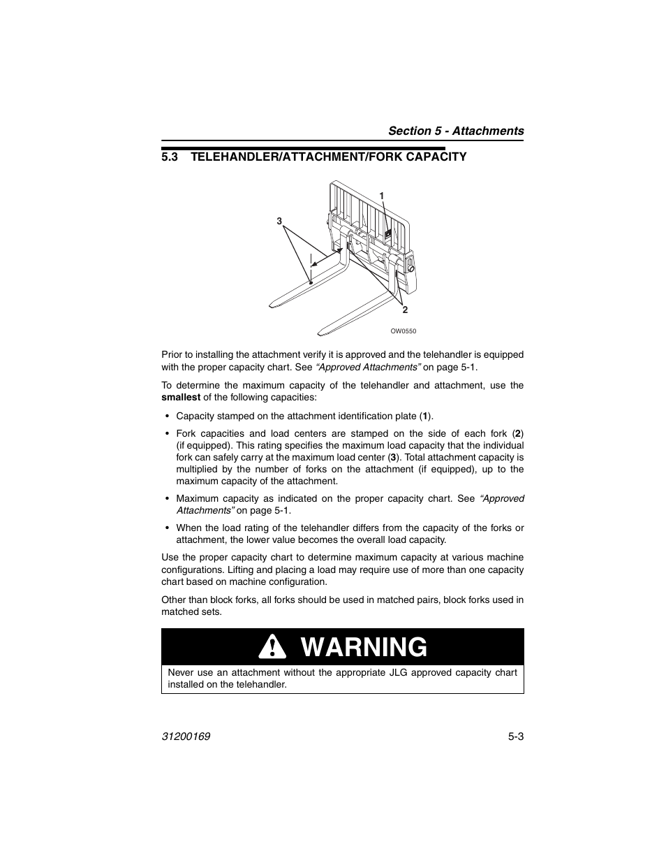 3 telehandler/attachment/fork capacity, 3 telehandler/attachment/fork capacity -3, Warning | JLG 534D-9 Operator Manual User Manual | Page 65 / 142