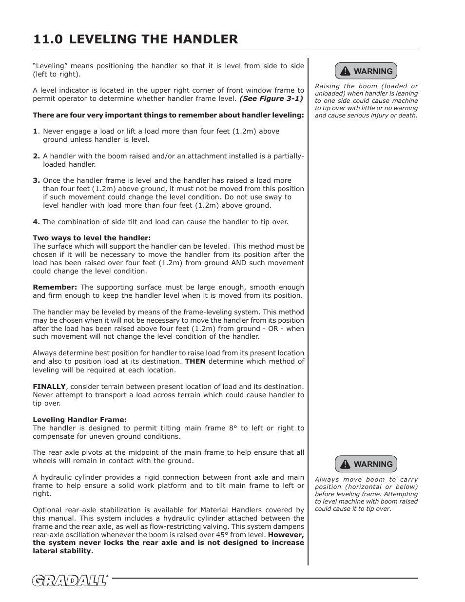 Leveling the handler, Leveling the handler 11.0 | Gradall 534D-10 (9134-4052) Operation Manual User Manual | Page 26 / 54