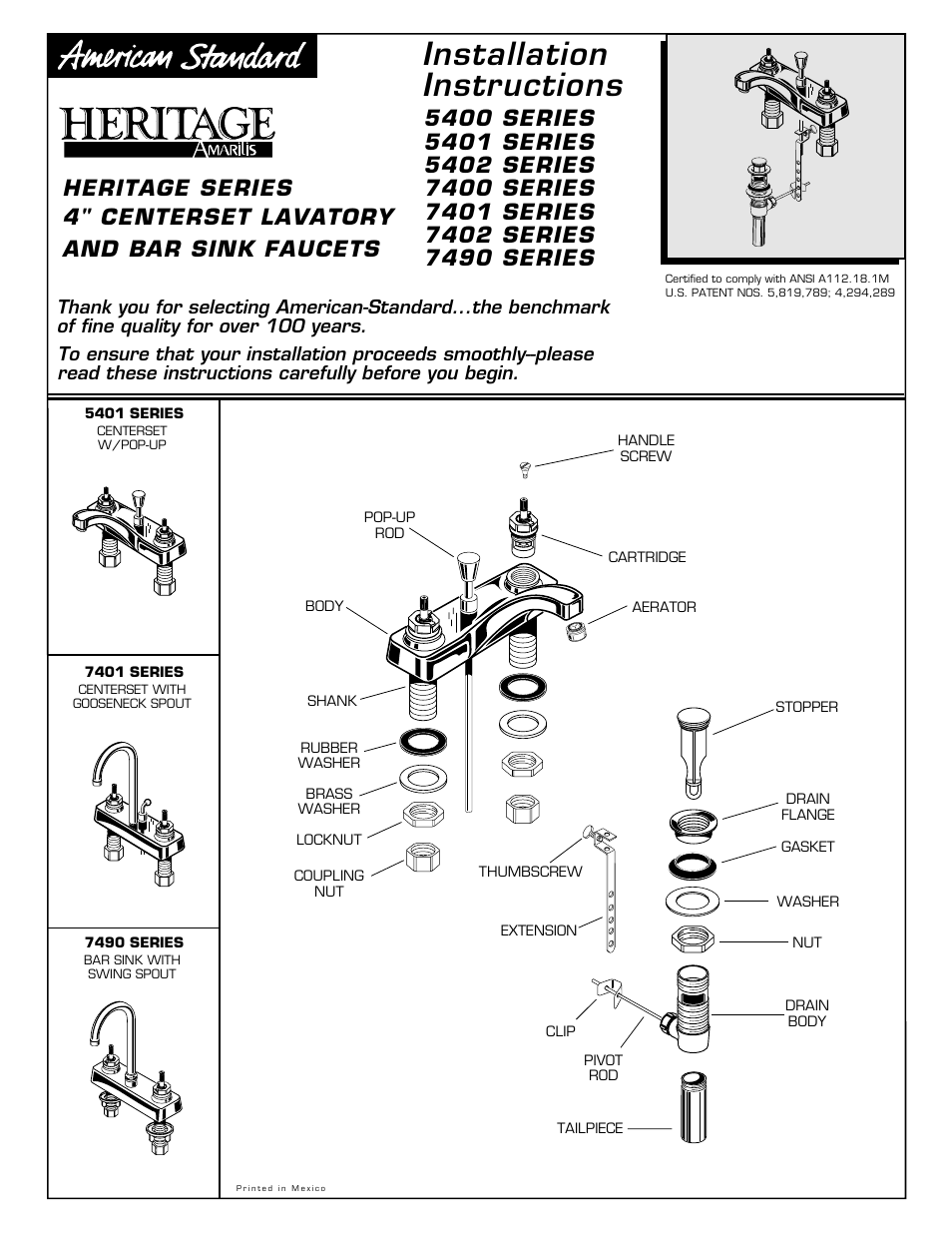 American Standard 4" Centerset Lavatory and Bar Sink Faucets 7401 Series User Manual | 2 pages