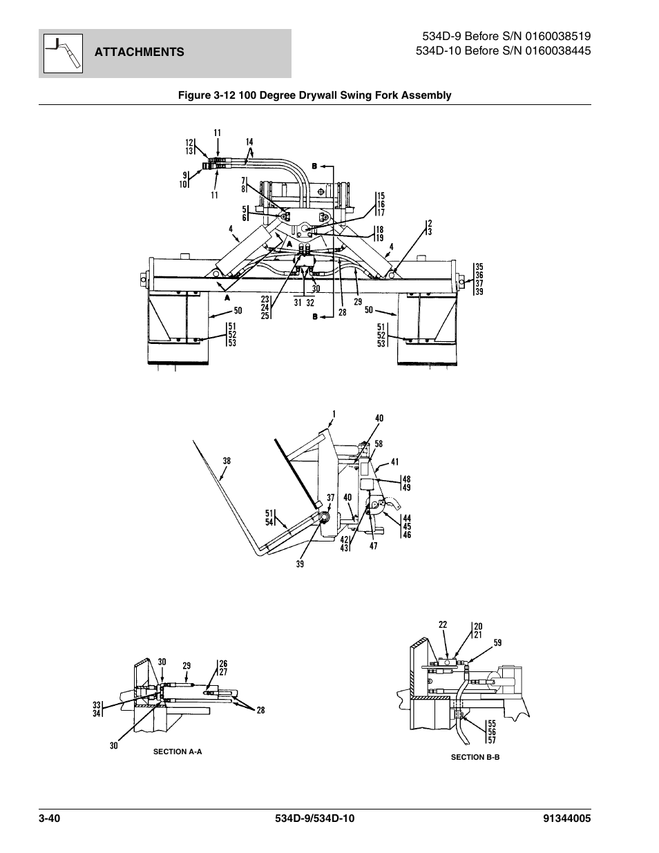 Figure 3-12 100 degree drywall swing fork assembly, 100 degree drywall swing fork assembly -40 | JLG 534D-10 Parts Manual User Manual | Page 104 / 842